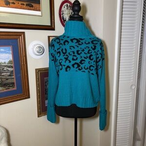 Nine West Turquoise and Black Leopard Turtleneck Sweater